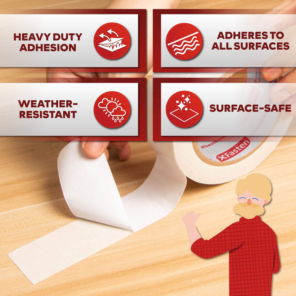 XFasten Double Sided Tape, Removable, 1/4-Inch by 20-Yards, Pack of 8 Ideal as a Gift Wrap Tape, Holding Carpets, and Woodworking 1/4-Inch x 20-Yards (8-Pack)