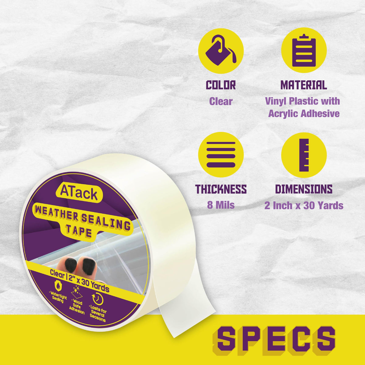 ATack Transparent Window Weather Sealing Tape, 2-Inch x 30 Yards, Clear Window Draft Isolation Sealing Film Tape- No Residue, Surface-Safe, Wood-Safe, Removes Cleanly 2" x 30 Yards (Single Pack)