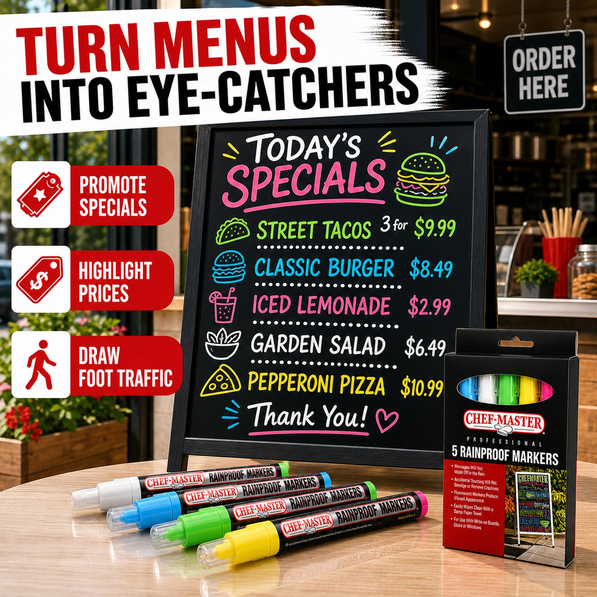 Chef Master Waterproof Markers, 5 Vibrant Colors, No Smudge, Rainproof