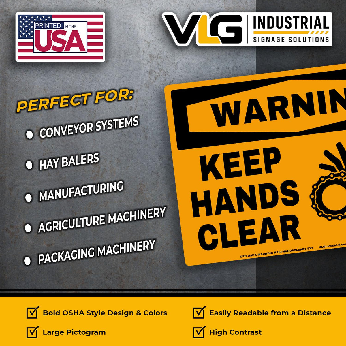 WARNING Keep Hands Clear Safety Labels 5-Pack, OSHA Style Moving Chain & Sprocket Hazard Decals, Industrial Machine Safety Stickers, Waterproof UV Laminated Vinyl, 5"x7" Equipment Warning Labels