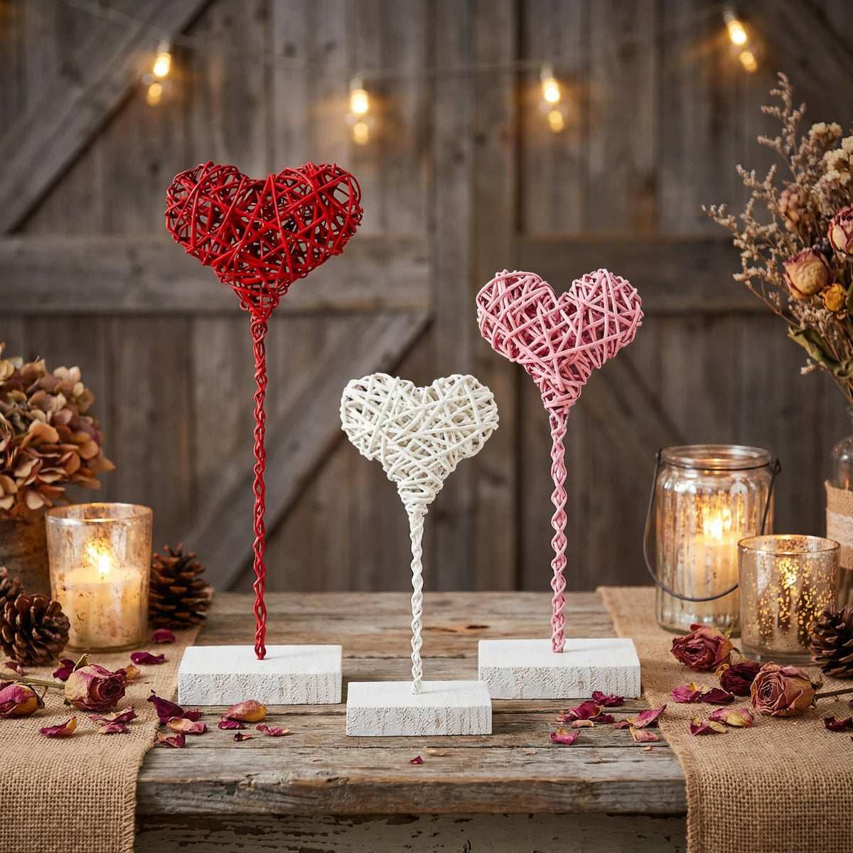 Thyle 3 Pcs Valentines Day Rustic Heart Table Sign Decor Gift Rattan Woven Handmade Love Tall Standing Heart Block Set for Home Farmhouse Tabletop Decoration Engagement Centerpiece, Red Pink White Rattan Heart