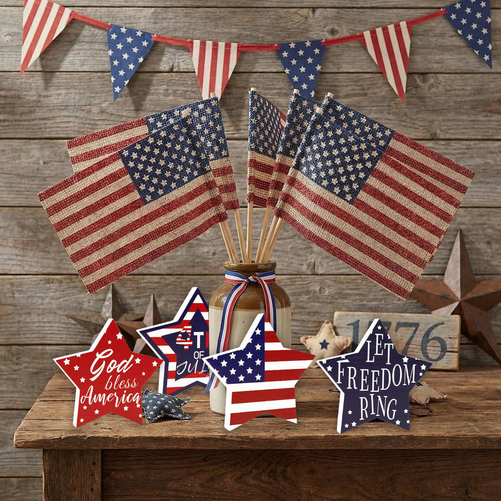 4th of July Decorations, 4 Pcs Wooden Star Signs Patriotic Wood Star Standing Blocks Red White and Blue Tiered Tray Decor for Home Office Independence Day 250th Anniversary Tabletop Decor