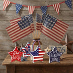 4th of July Decorations, 4 Pcs Wooden Star Signs Patriotic Wood Star Standing Blocks Red White and Blue Tiered Tray Decor for Home Office Independence Day 250th Anniversary Tabletop Decor