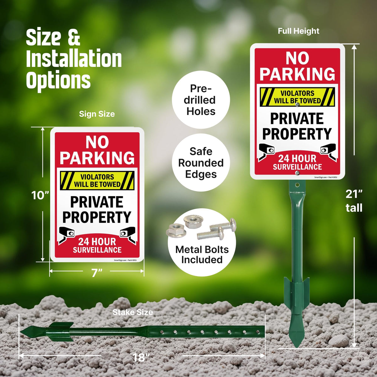 SmartSign 10 x 7 inch 'No Parking Violators Towed, Private Property, 24 Hour Surveillance' LawnPuppy Yard Sign and 18 inch Stake Kit, 40 mil Laminated Rustproof Aluminum, Set of 1 7" x 10" Aluminum Sign with 18" Stake