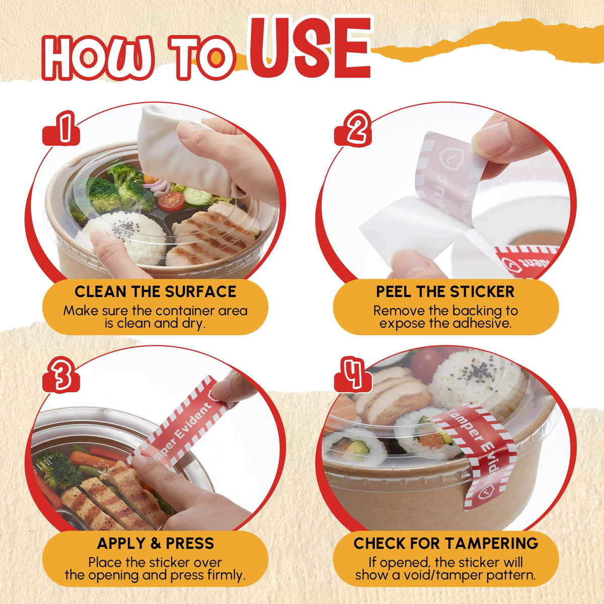 1 roll Tamper Evident Stickers for Food Delivery, 1 x 3, Strong Adhesive for Tamper Detection and Package Protection, Drink Lids Pizza Boxes Container Envelopes, Documents