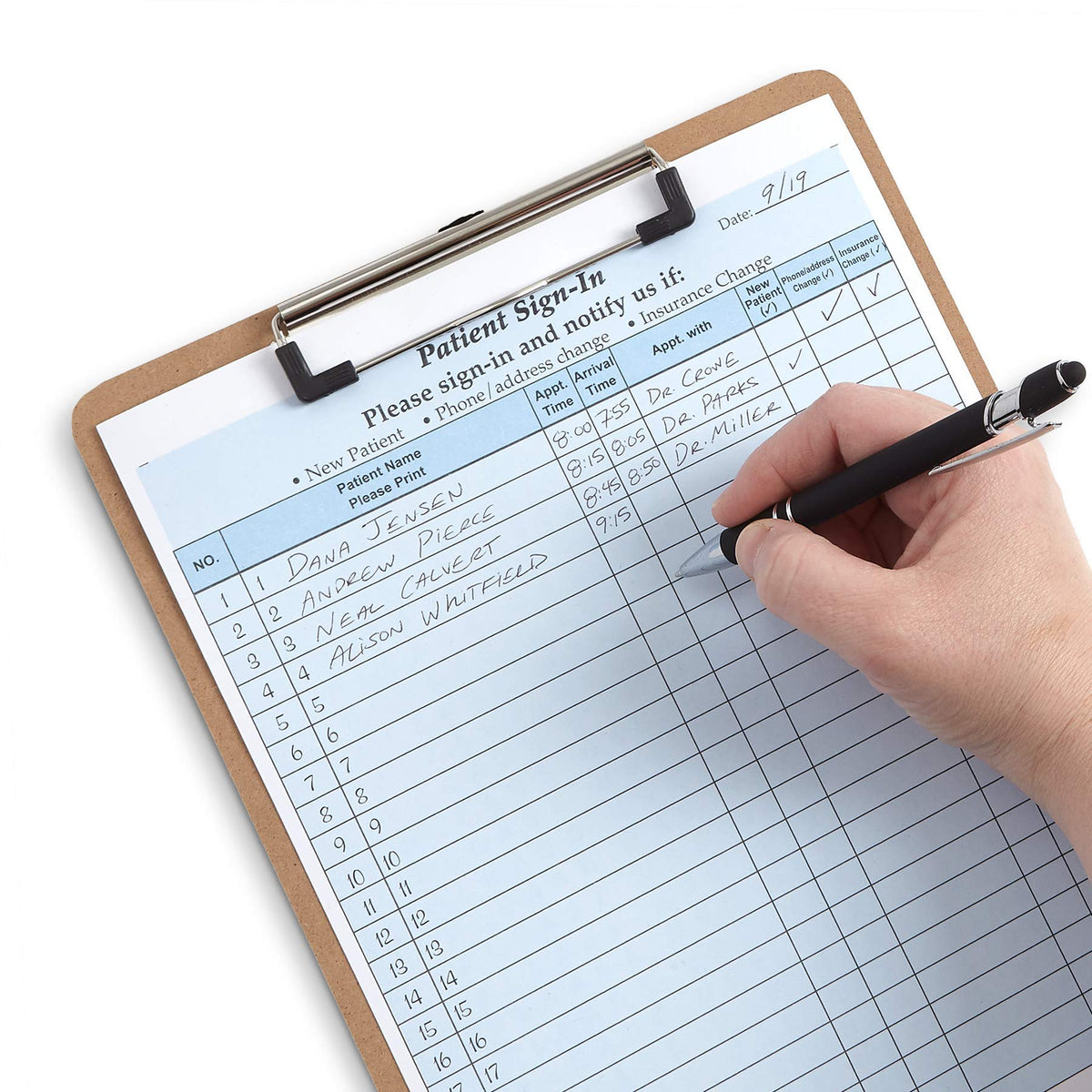Blue Summit Supplies 25 patient sign-in forms with peel-away adhesive labels, carbonless 3-part medical office filing supplies.