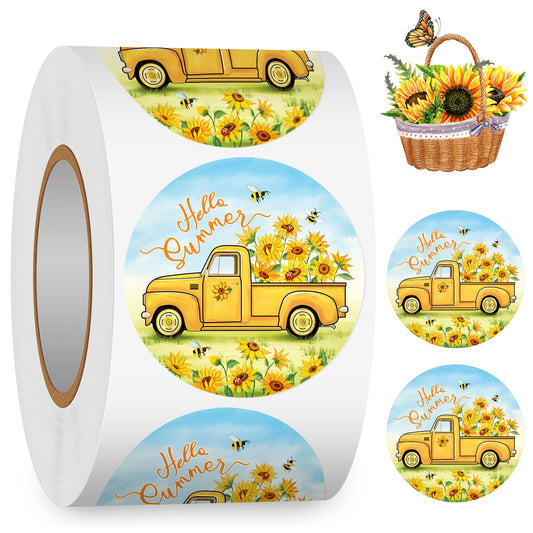 500PCS Hello Summer Label Sticker Roll, 1.5 Inch Round Sunflowers Stickers for Kids, Happy Summer Holiday Stickers Greeting Cards, Gift Boxes Decorations, Party Favors, Sealed Envelopes Trucks and Sunflowers
