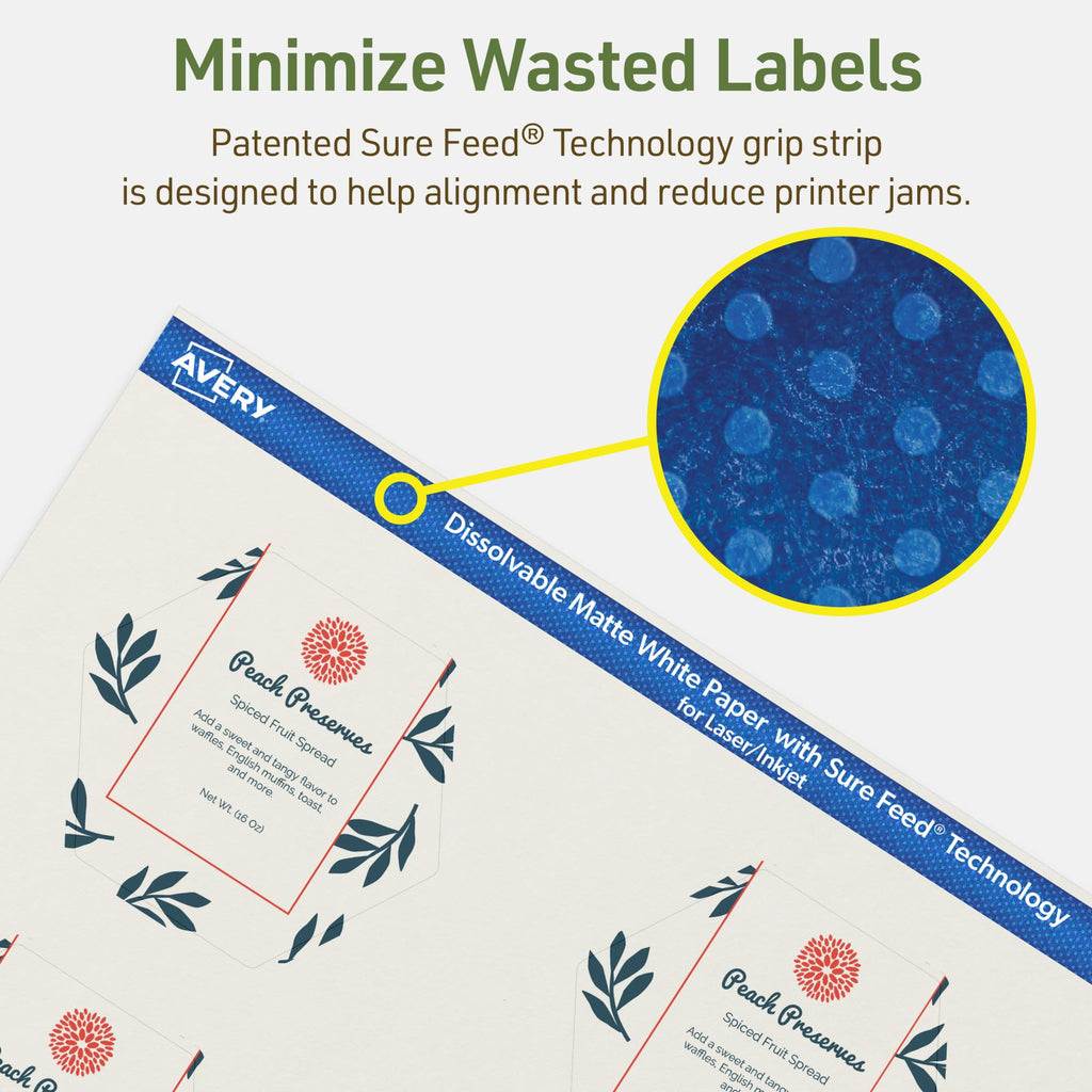 Avery Dissolvable Hexagon Labels, Sure Feed Technology, 2-1/2" x 2-57/64", Matte White, Print-to-The-Edge, Laser/Inkjet Printable, 60 Labels Total