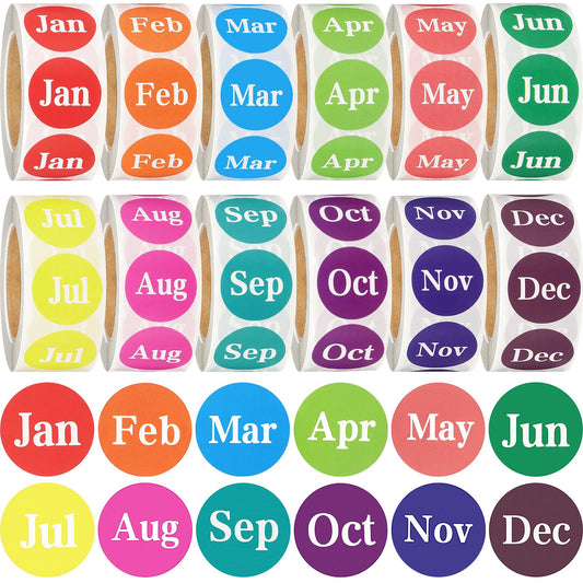 12 Rolls 1 Inch Round Month Labels, 12 Months of The Year Labels Monthly Adhesive Sticker Color Coding Month Tag Decorative Sticker, 500 Pieces Per Roll Multicolored