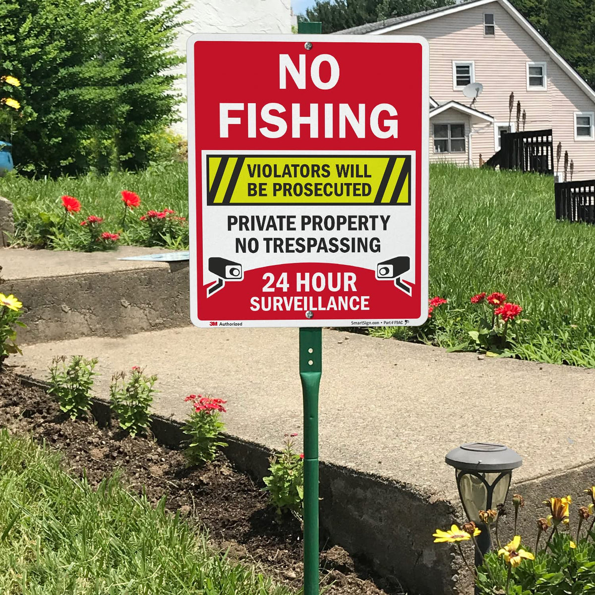 SmartSign 12" x 10" 'No Fishing Violators Prosecuted, Private Property, No Trespassing' Yard Sign with 3 ft Stake, 40 mil Aluminum 3M Laminated Engineer Grade Reflective, Set of 1 Reflective Aluminum Sign with 3' Stake