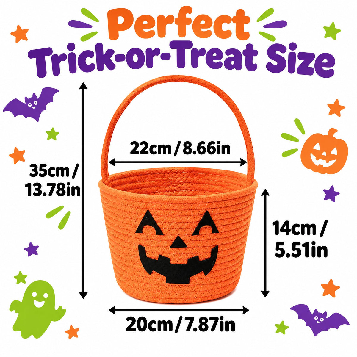 Halloween Basket, Woven Cotton Rope Pumpkin Pail with Handle white yellow