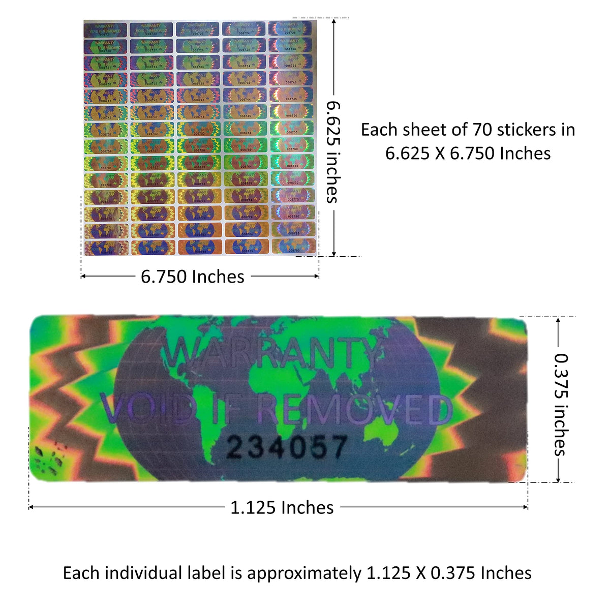 700 Hologram Tamper Evident, Tamper Proof Stickers. Warranty Void If Removed. Individual Serial Numbers. Tamper Foil Tape Labels. Destroyed Upon Removal with Residual Text Left on Item. (700 Stickers) 700 Stickers