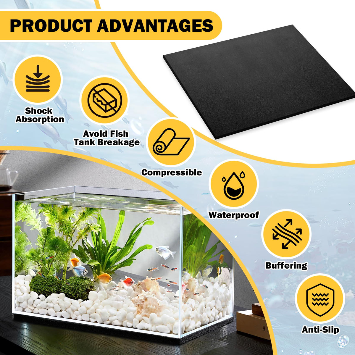 Aquarium Leveling Fish Tank Mat for Under Tank 15x29.5 inch | 6mm Thick Neoprene Padding with Self-Adhesive Backing Shockproof Waterproof Cut to Fit for 5/10/15/20 Gallon Tank