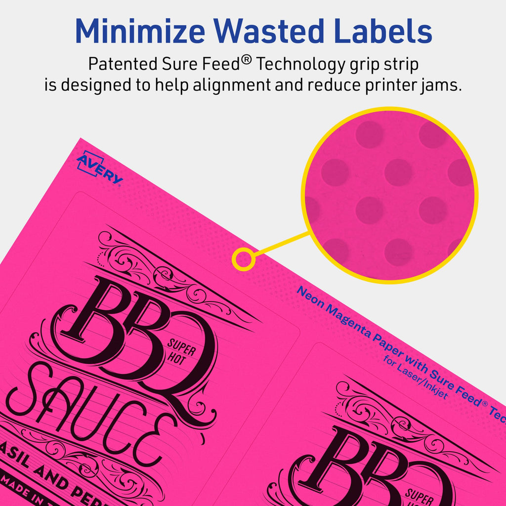 Avery Printable Rectangle Labels, Sure Feed Technology, 4-3/4" x 3-3/4", Neon Magenta Labels, Print-to-The-Edge, Laser/Inkjet Printable, 80 Total, Great for Shipping and Packaging 80 labels