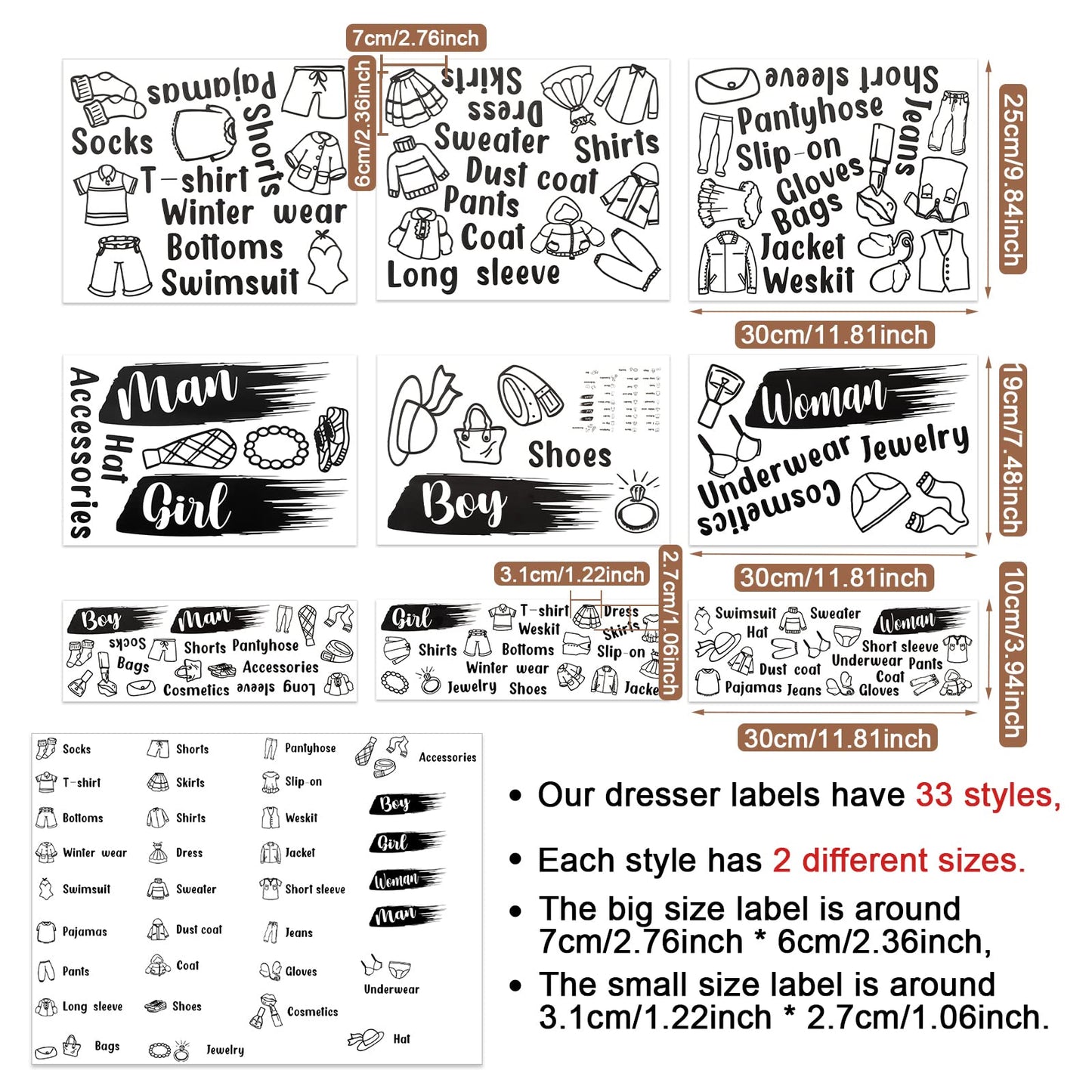 Spakon 9 Sheets Dresser Clothing Labels Removable Drawer Clothes Design Decals Wardrobe Decorative Bedroom Clothes Drawer Stickers for Organizing Decoration