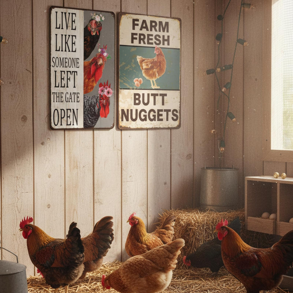 2PCS Chicken Coop Decor, Farmhouse Chicken Signs with Construction, Rustic Chicken Decorations for Outdoor Coops, Set of Two Chicken Coop Signs Measuring 20x30cm
