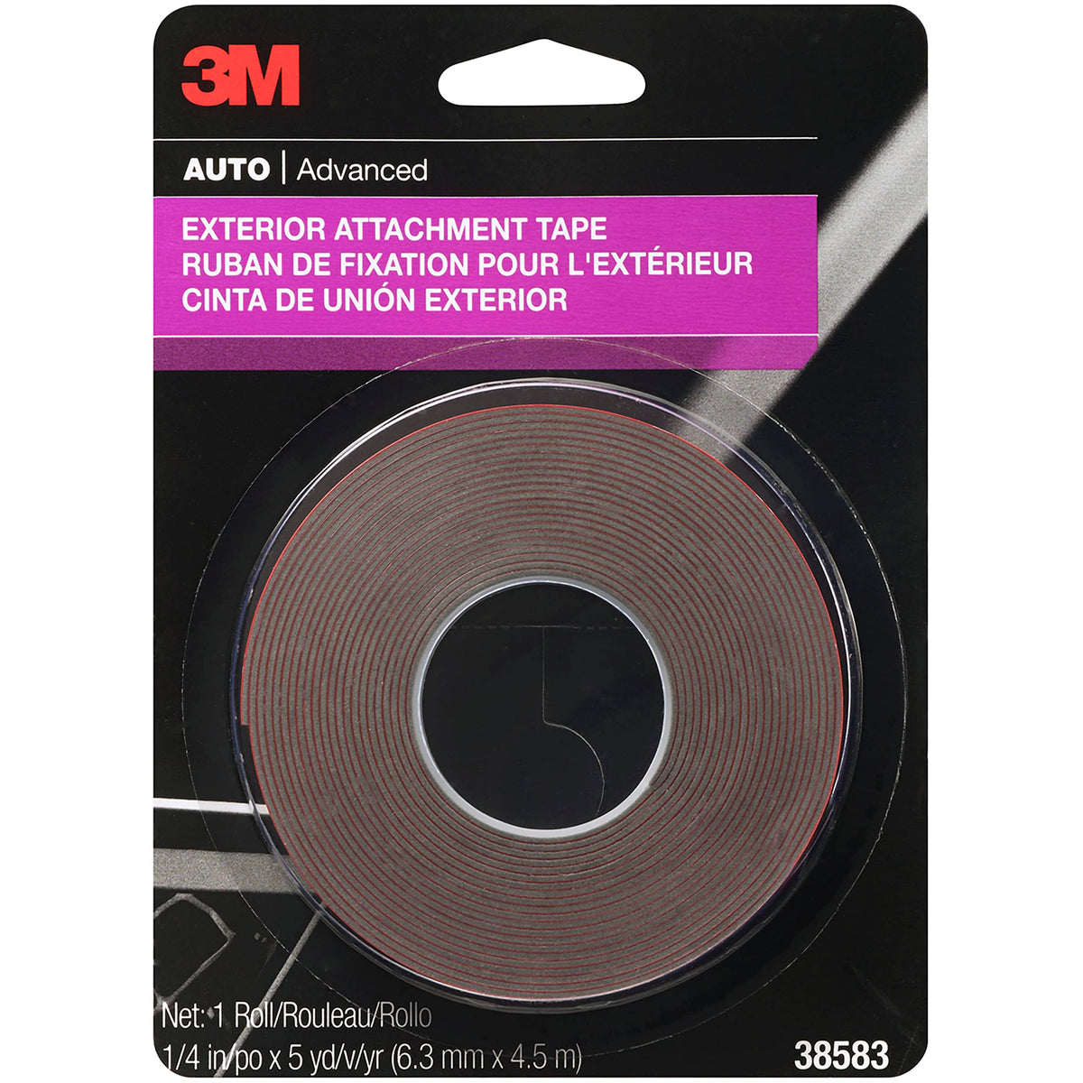 3M Exterior Attachment Tape, Ideal for Moldings, Emblems and Trim, 1/4 in width x 5 yards in length, 1 roll 1/4" w x 5 yards