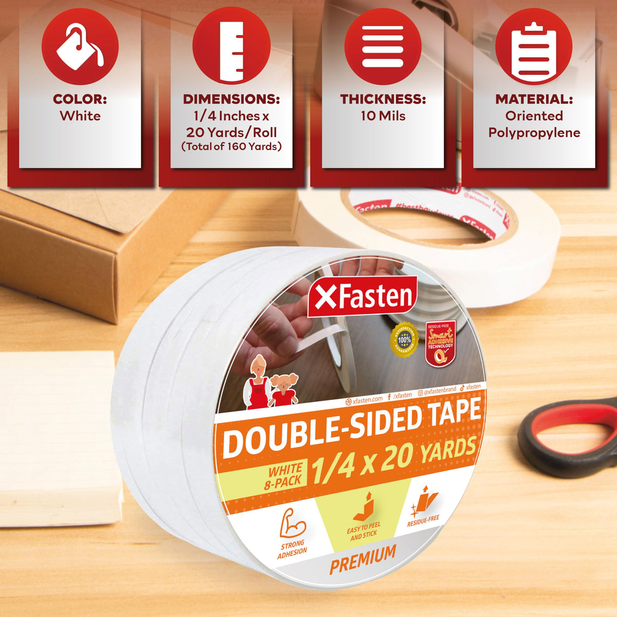 XFasten Double Sided Tape, Removable, 1/4-Inch by 20-Yards, Pack of 8 Ideal as a Gift Wrap Tape, Holding Carpets, and Woodworking 1/4-Inch x 20-Yards (8-Pack)
