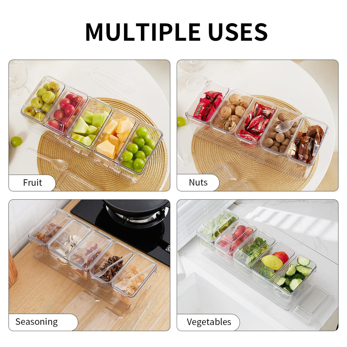 Chilled Condiment Server，Taco Bar Serving Set for Party，15.3" Condiment Serving Platters with 5 Separate Lids and Removable Compartments, Set of 5 Serving Spoons & 2 Clips (5 Containers, 1 pack) 5 Containers