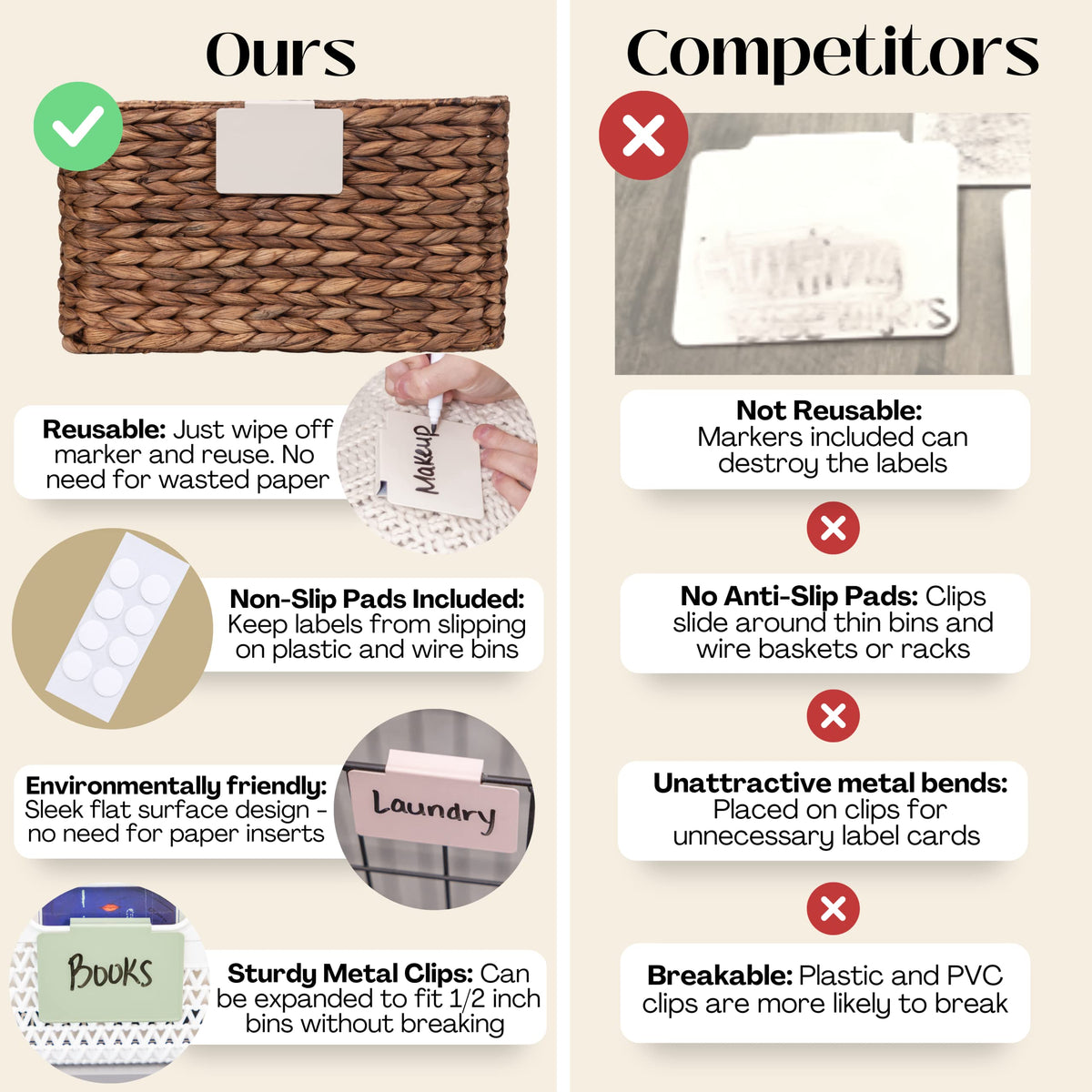 Hygge & Sage: Metal Non-Slip Basket Labels Clip On for Storage Bins, or Wire Racks | Includes 8 Labels, 8 Non-Slip Pads, and 1 Free Marker (Cream) Cream