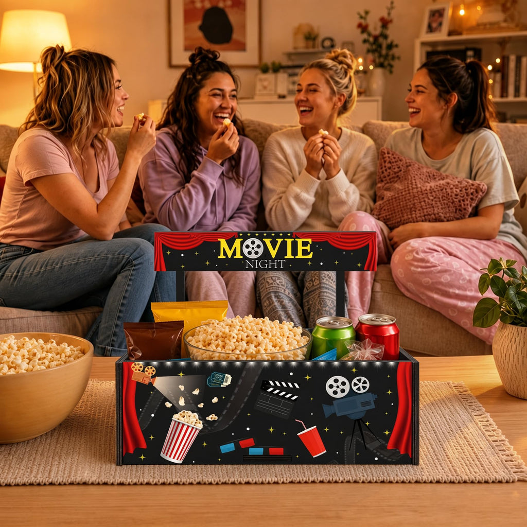 Movie Night Supplies Wooden Movie Night Snack Trays Gift Basket Halloween Home Theater Snack Caddy Popcorn Drink Candy Holder Box for Family Room Container Decor