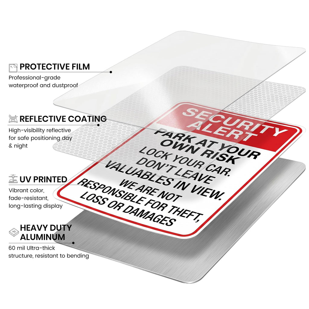 2 PCS Security Alert Park At Your Own Risk Sign 12" × 18" Aluminum