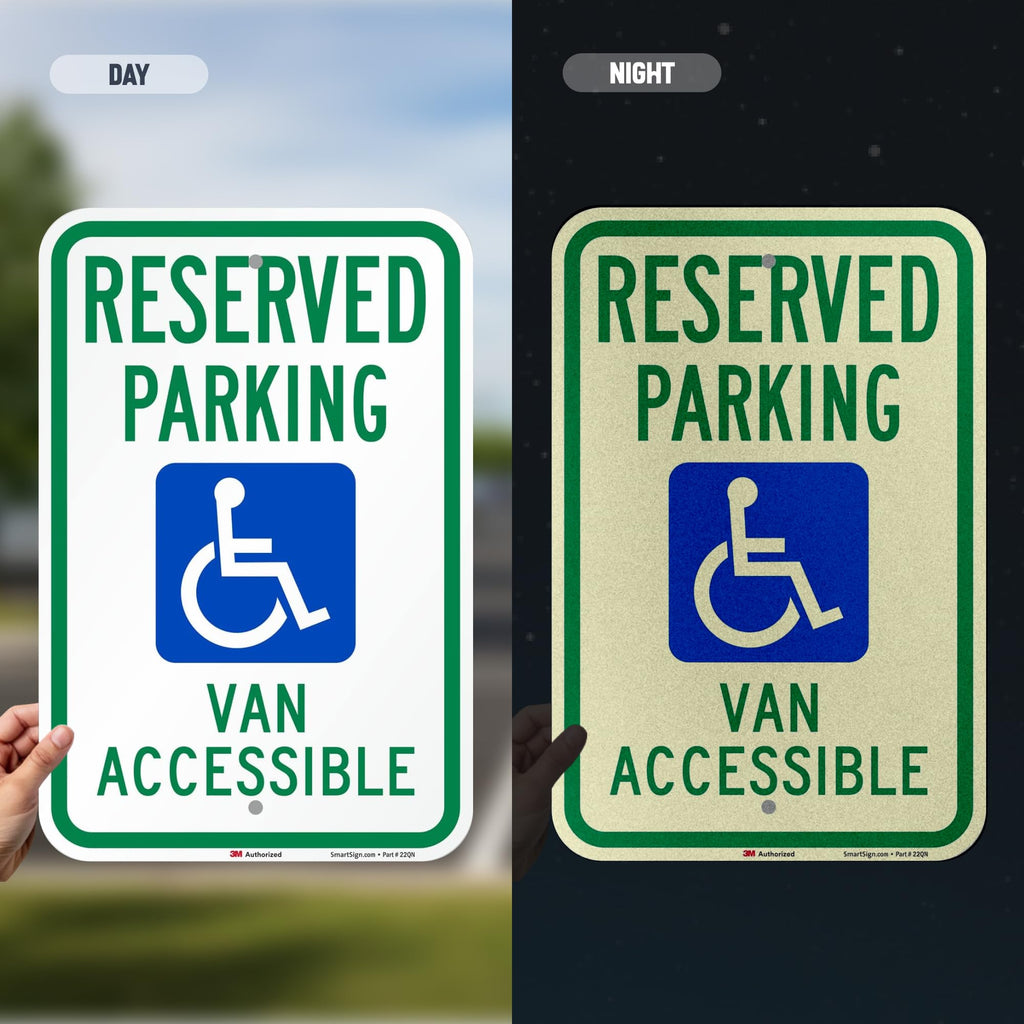 SmartSign 18 x 12 inch “Reserved Parking - Van Accessible” Handicapped Parking Metal Sign, 63 mil Aluminum, 3M Laminated Engineer Grade Reflective Material, Green, Blue and White, Made in USA EG Reflective Aluminum