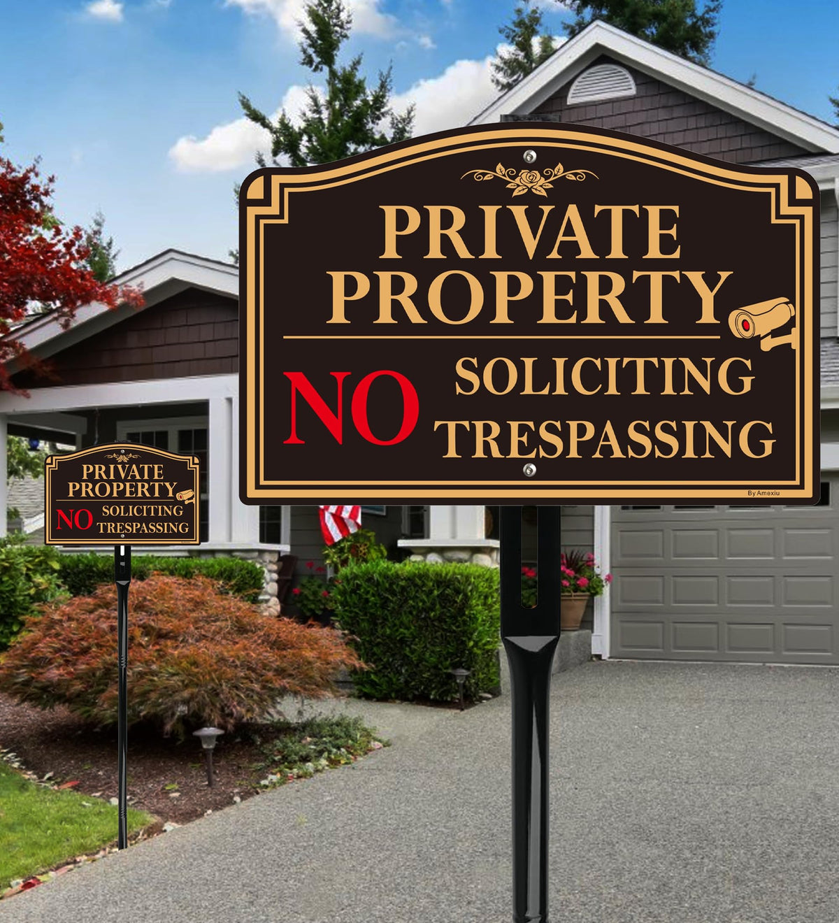 2Pack Private Property No Trespassing Sign with 36" Tall Metal Stake, 12" x 8" No Soliciting Sign Aluminum, Easy Installation, Rust-Free& Fade Resistant 12X8" +36" Stake