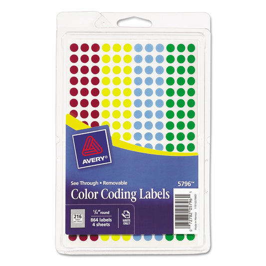 Avery 05796 See Through Removable Color Dots, 1/4 Dia, Assorted Colors, 864/Pack