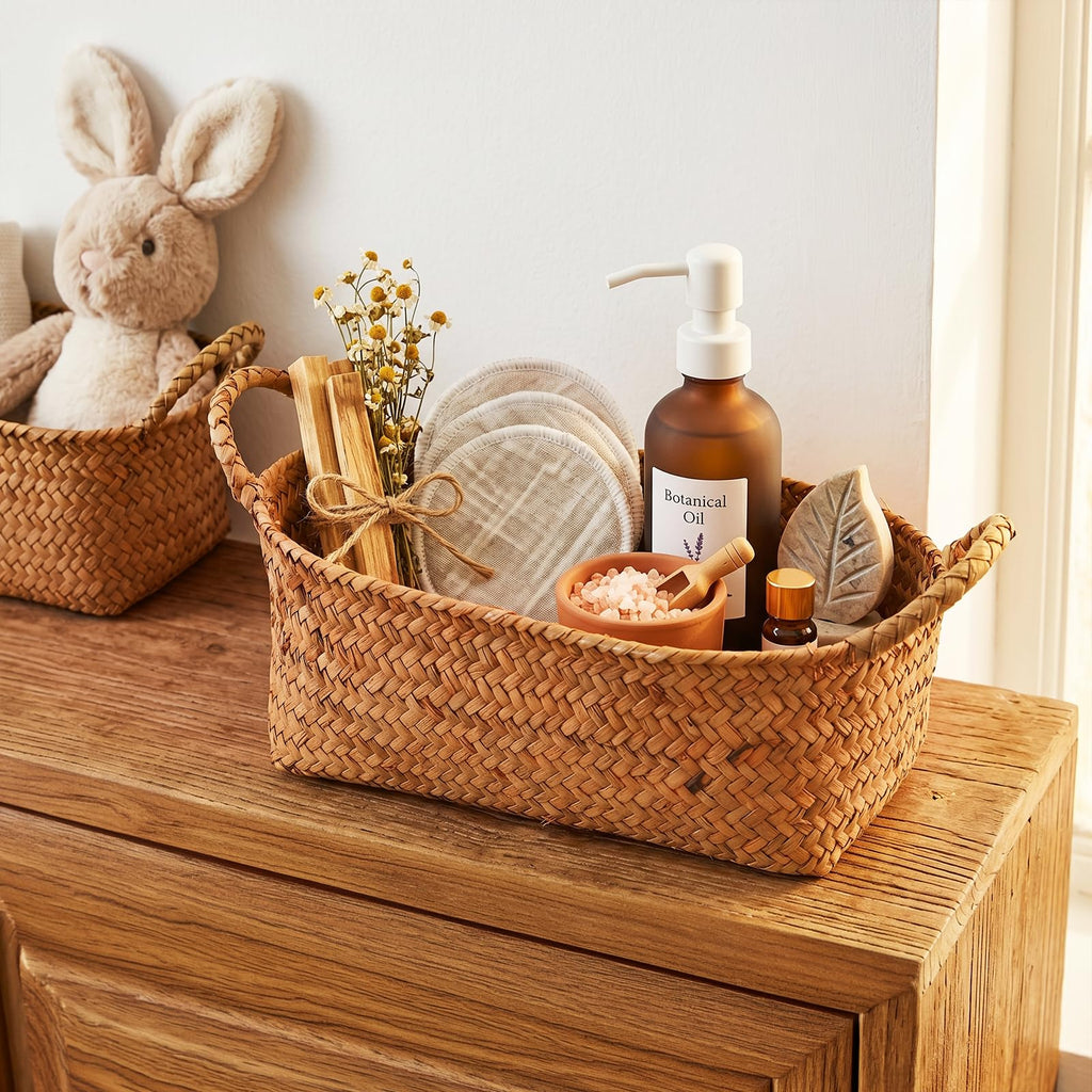 Elsjoy Set of 3 Woven Seagrass Baskets with Handles, Oval Wicker Woven Storage Baskets, Rattan Shelf Basket for Fruit, Bread, Kitchen