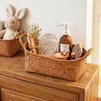 Elsjoy Set of 3 Woven Seagrass Baskets with Handles, Oval Wicker Woven Storage Baskets, Rattan Shelf Basket for Fruit, Bread, Kitchen