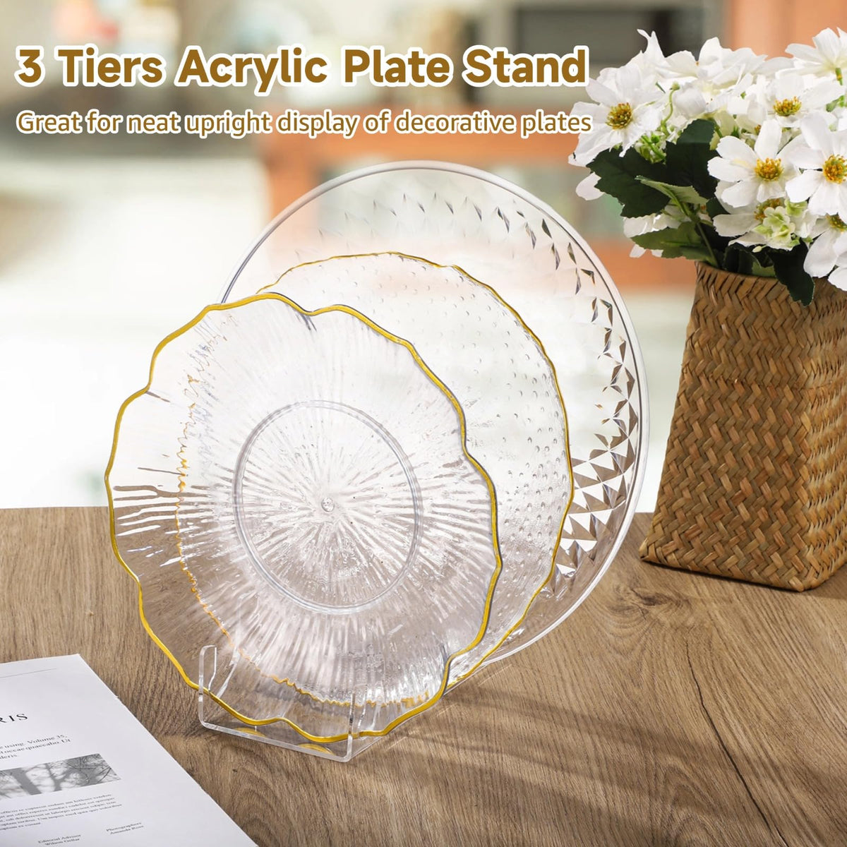 Homaisson 8 PCS Acrylic Plate Stands for Display, 3-Tier Clear Dinnerware Rack Set, Multifunction Transparent Plate Holders for Kitchen Cabinets, China Platters, Glass Cups, Books, 7.2 x 3.9 x 3.9 in