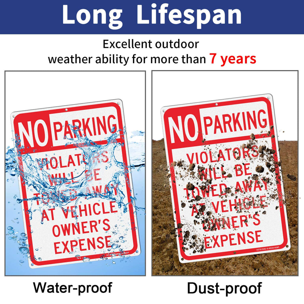 4 pack No Parking Sign, Violators Will Be Towed Away at Vehicle Owners Expense, 14 X 10 Reflective .40 Rust Free Aluminum, UV Protected, Weather Resistant, Waterproof, Durable Ink，Easy to Mount No Parking Sign, red-and-white - 4 Pack