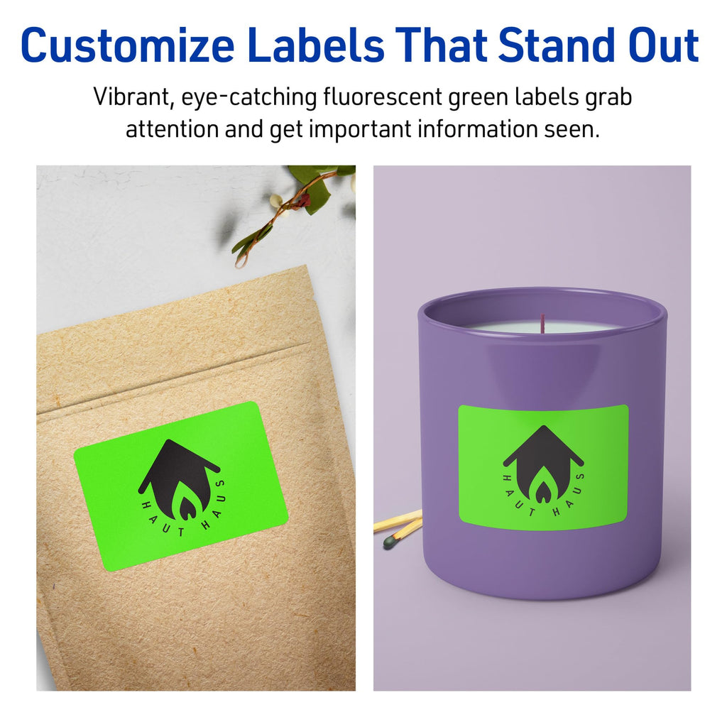 Avery® Printable Rectangle Labels, Sure Feed® Technology, 1-1/2" x 3-3/4", Neon Green Labels, Print-to-The-Edge, Laser/Inkjet Printable, 400 Total, Great for Mailing and Candles 400 labels