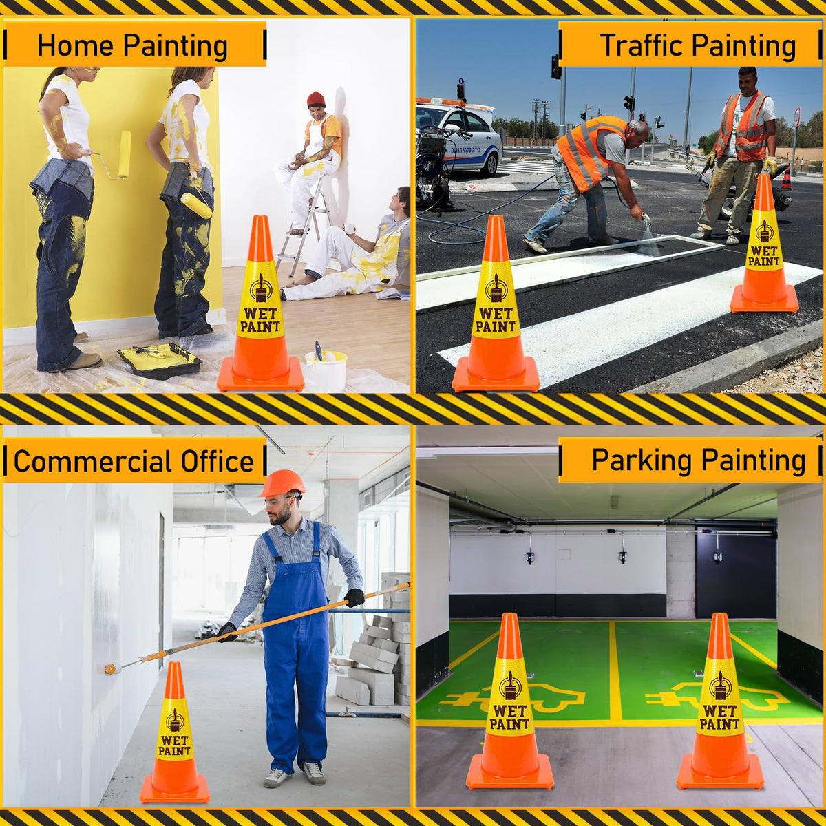 BreezeHug 12 Pcs Wet Paint Reflective Cone Message Stickers - Reserved Parking with Symbol Adhesive Vinyl Signs Stickers Labels, 360° Degree Visibility, 3 Side Printing for Traffic Safety Cones
