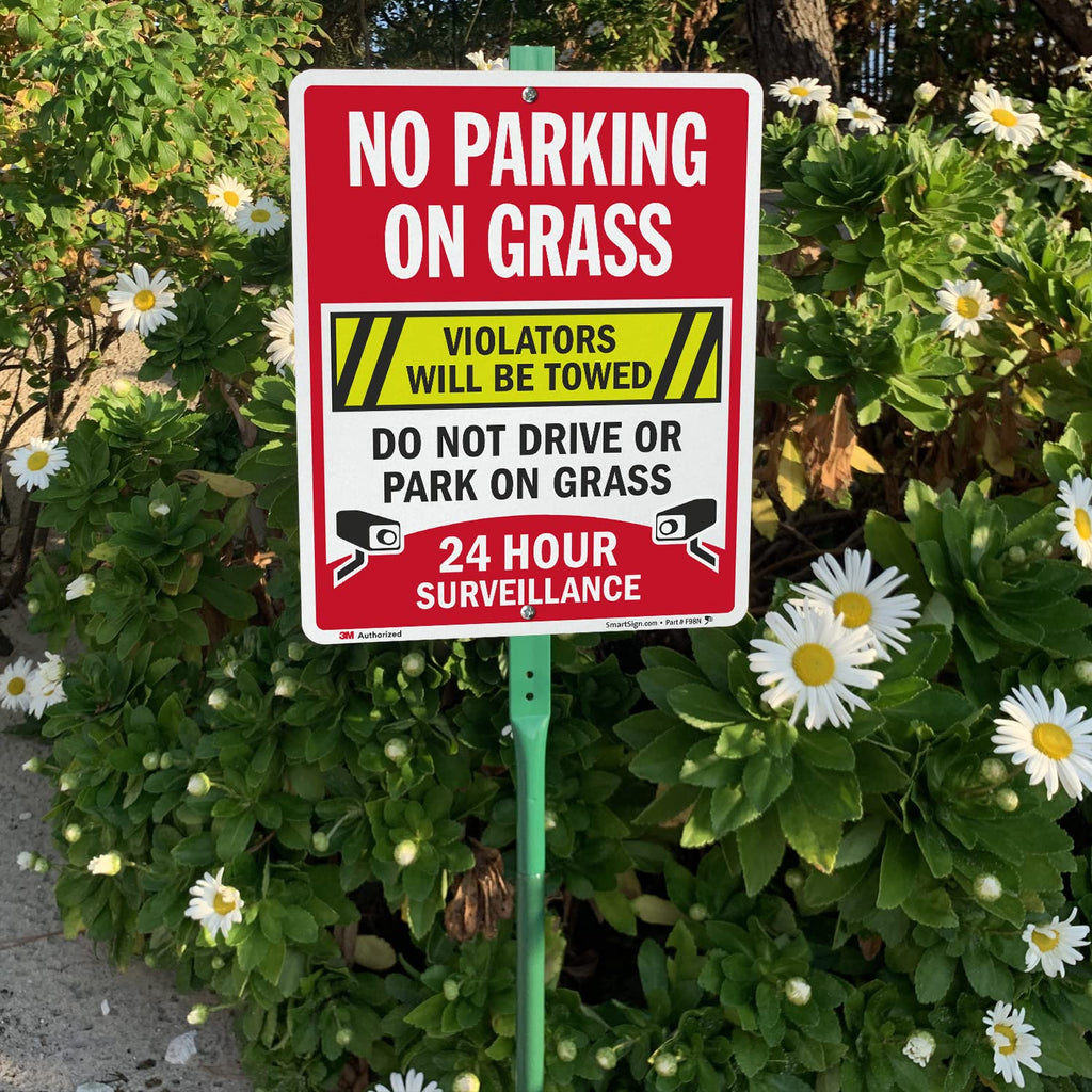 SmartSign 12" x 10" 'No Parking On Grass Violators Towed, Do Not Drive On Grass' Yard Sign with 3 ft Stake, 40 mil Aluminum 3M Laminated Engineer Grade Reflective, Multicolor Reflective Aluminum Sign with 3' Stake