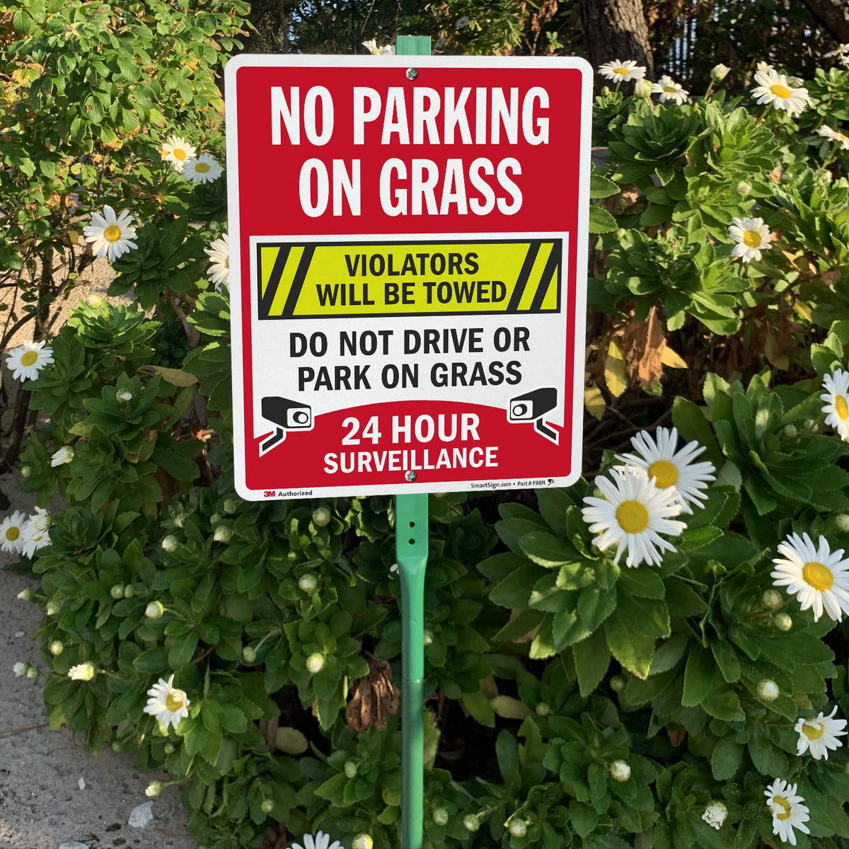 SmartSign 12" x 10" 'No Parking On Grass Violators Towed, Do Not Drive On Grass' Yard Sign with 3 ft Stake, 40 mil Aluminum 3M Laminated Engineer Grade Reflective, Multicolor Reflective Aluminum Sign with 3' Stake