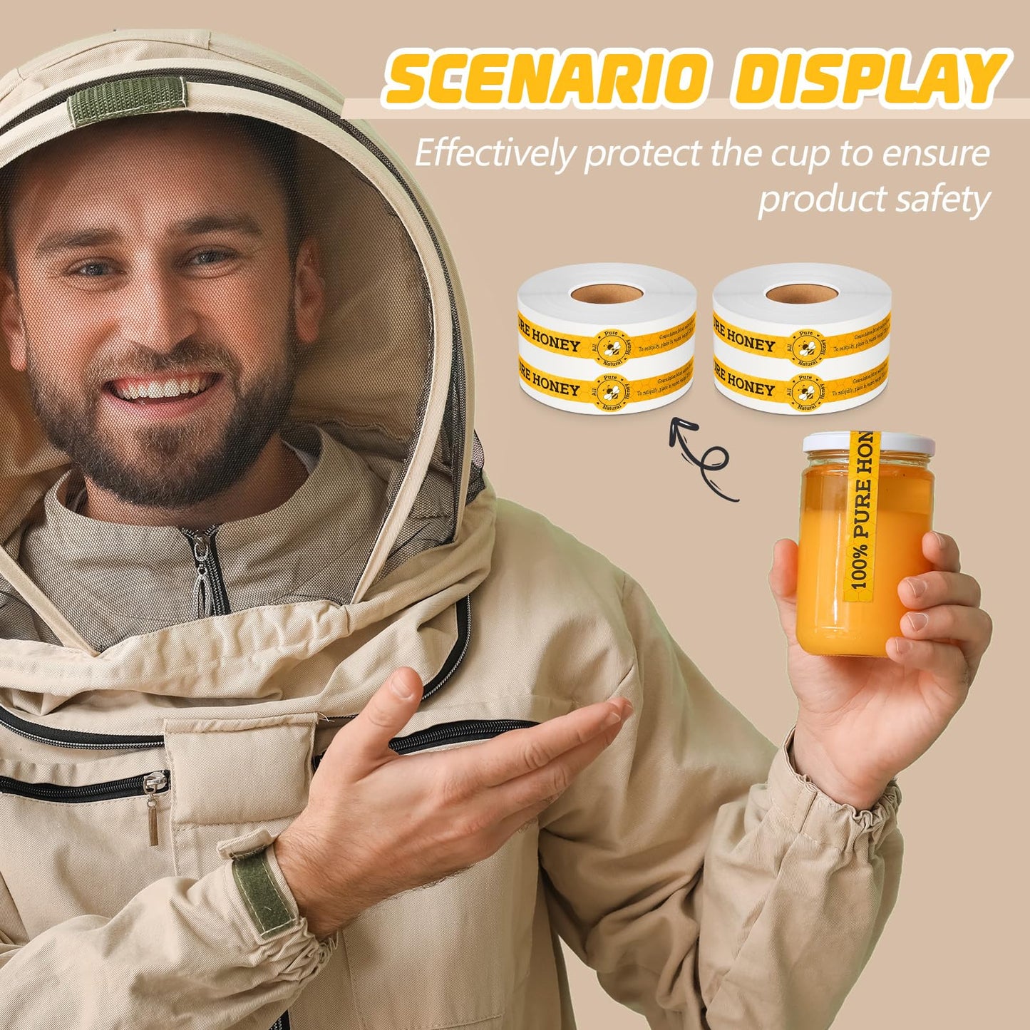 Lincia 1000 Pcs Safe Secure Tamper Proof Stickers for Pure Honey 1 x 9 Inches Tamper Evident Seal Stickers Honey Labels Bee Tape for Bottle Lid Coffee Milk Jars Drink Food Delivery Freshness, 2 Roll
