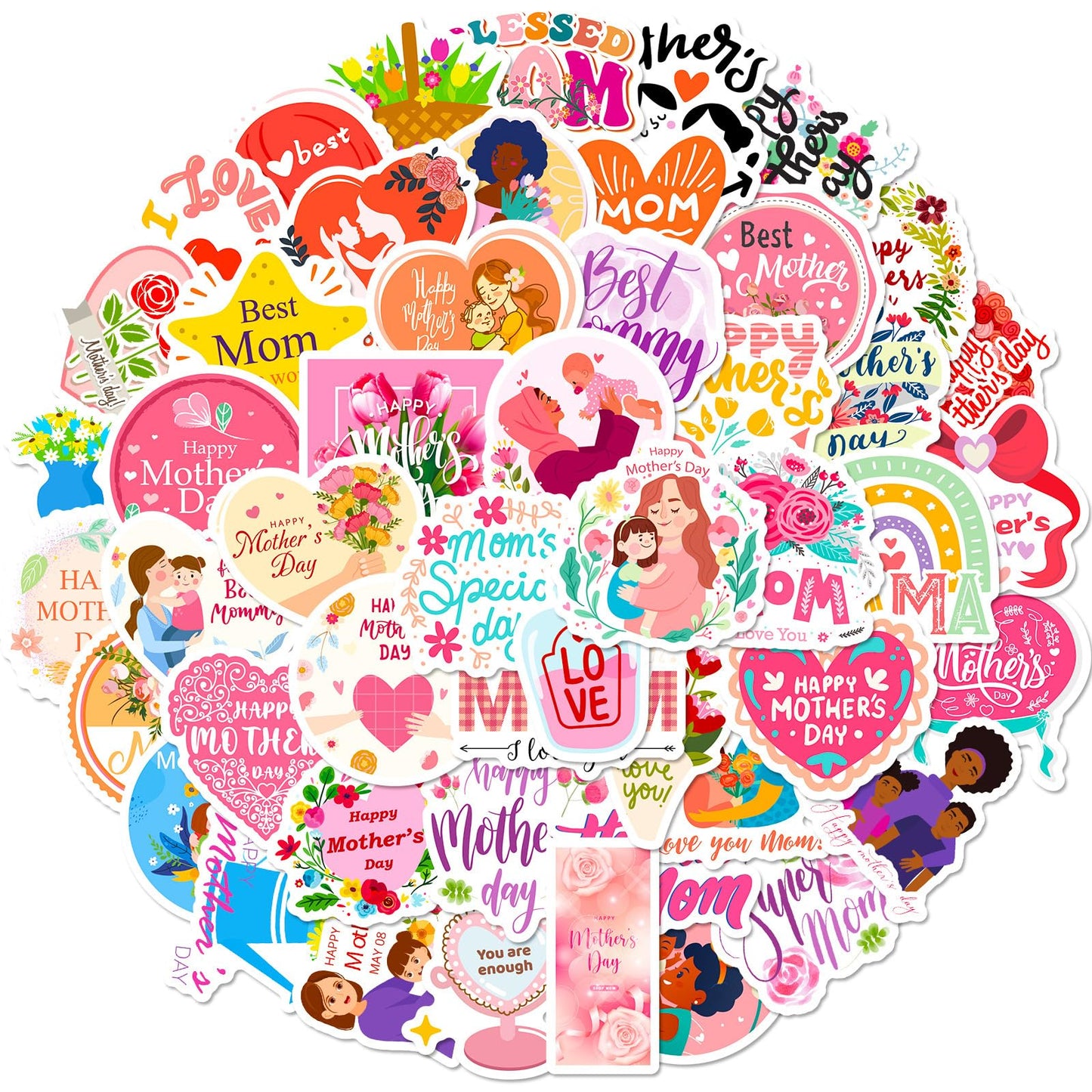 Mother's Day Stickers 50pcs - Waterproof & Self-Adhesive Decals for Gift Wrapping, Scrapbooking, Cards | Premium Quality, Easy Peel & Stick (Festival, Party, DIY) Mother's Day