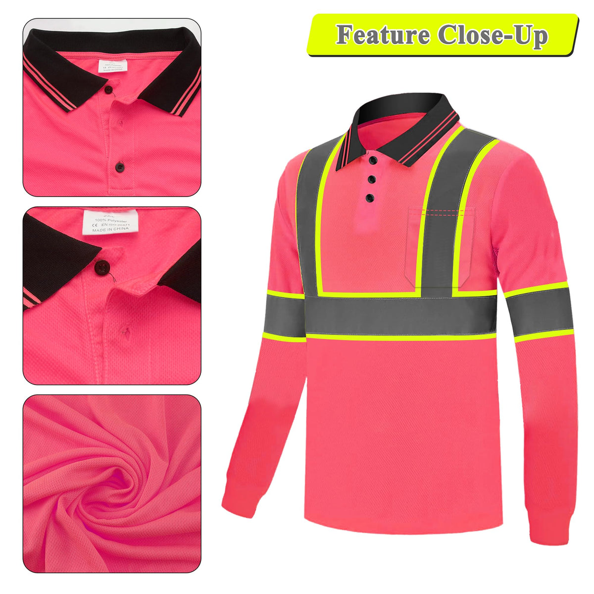 3 Pack Long Sleeve Safety Polo Shirt Reflective High Visibility Construction Work Shirts ANSI Class 3 for Men Pink X-Large