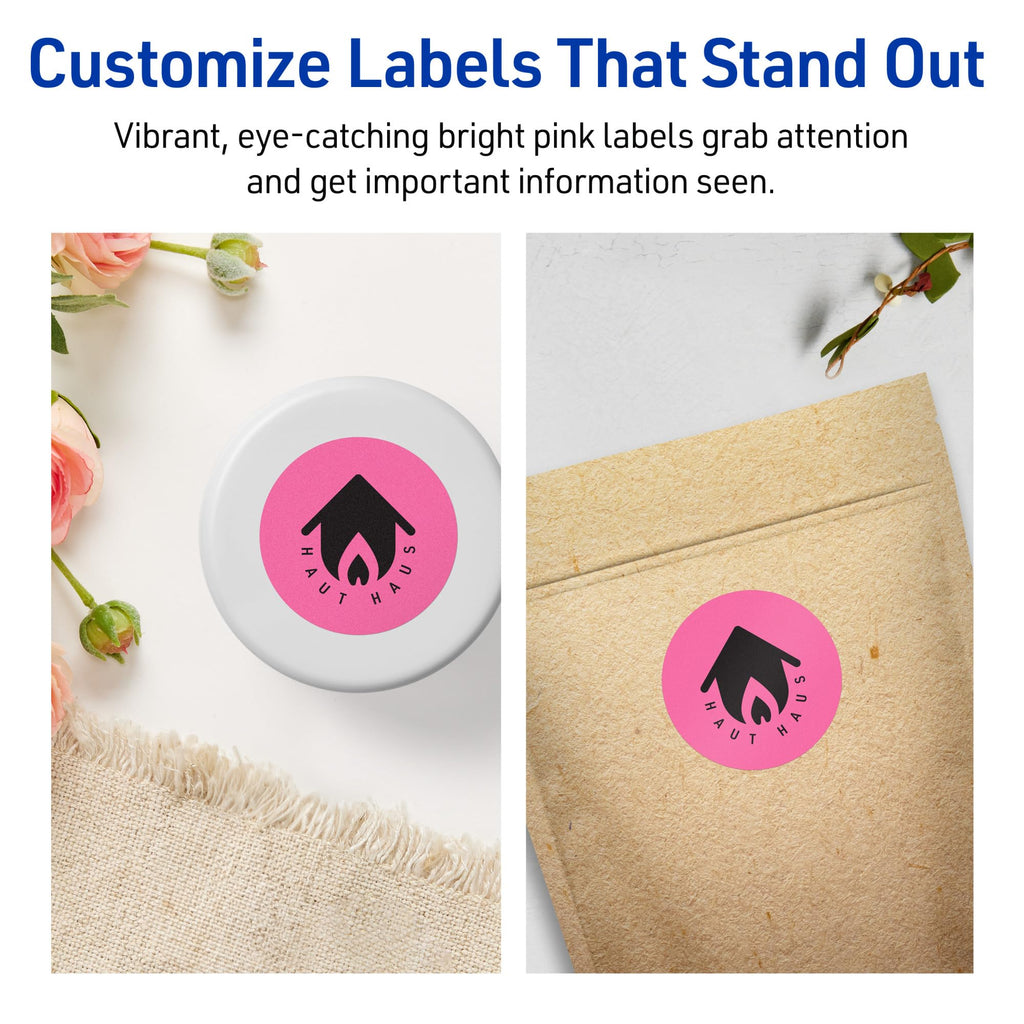 Avery Printable Round Labels, Sure Feed Technology, 1-2/3" Diameter, Bright Pink Labels, Print-to-The-Edge, Laser/Inkjet Printable, 400 Total, Great for Stickers and Candles 400 Labels