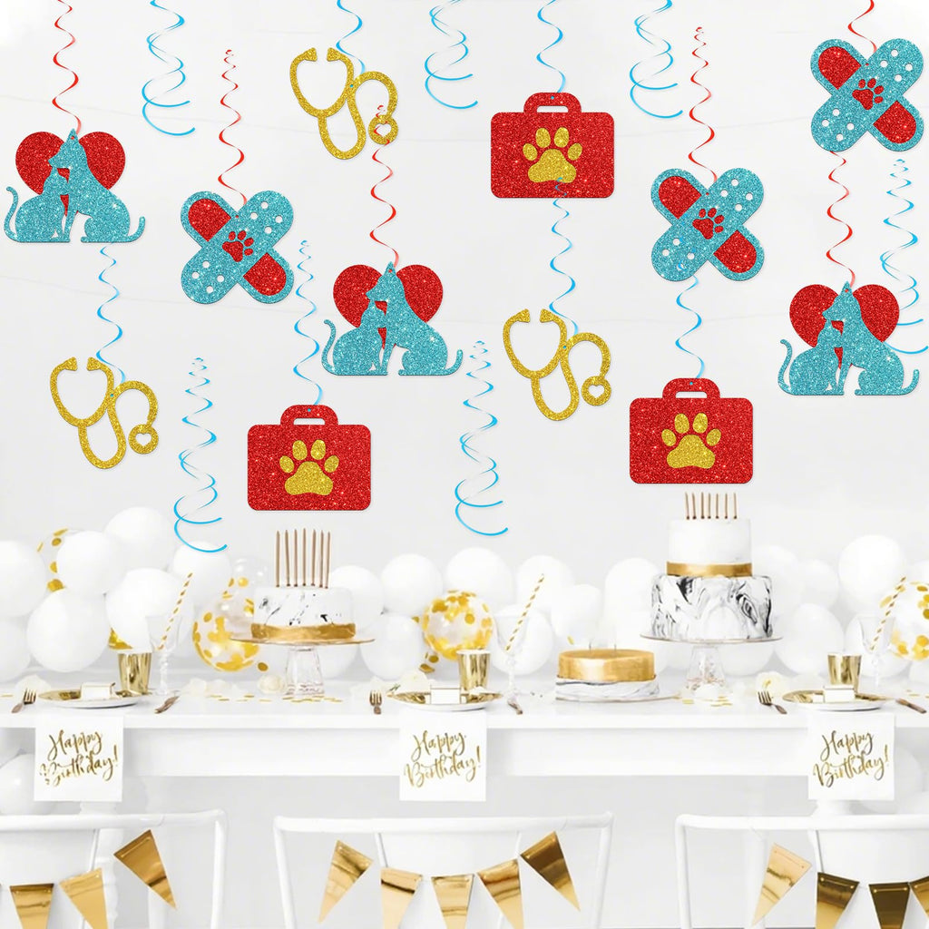 Veterinarian Hanging Swirl Decor Vet Graduation Foil Swirls Ceiling Decorations Vet Tech Week Backdrop Veterinary Party Decorations Red Blue Glitter