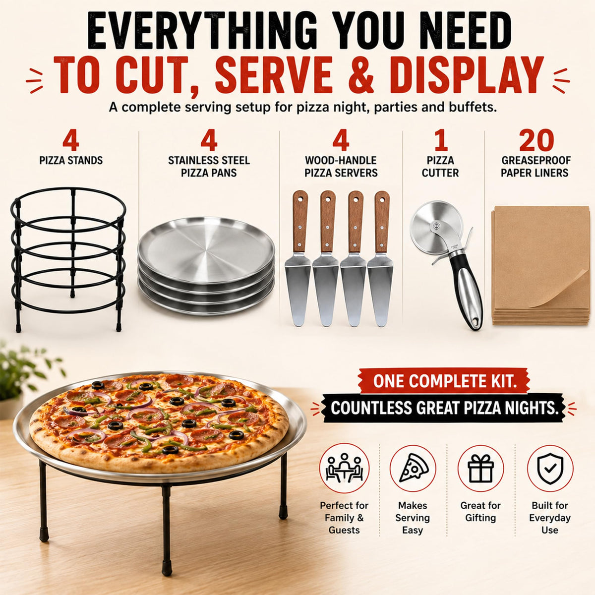 Pizza Stands for Party, 4 Riser Set with Pans and Servers & Cutter