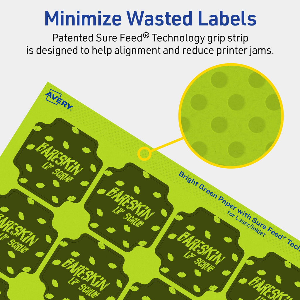 Avery® Printable Square Scalloped Labels, Sure Feed® Technology, 1-5/8" x 1-5/8", Bright Green Labels, Print-to-The-Edge, Laser/Inkjet Printable, 400 Total, Great for Cosmetics and Jars 400 labels