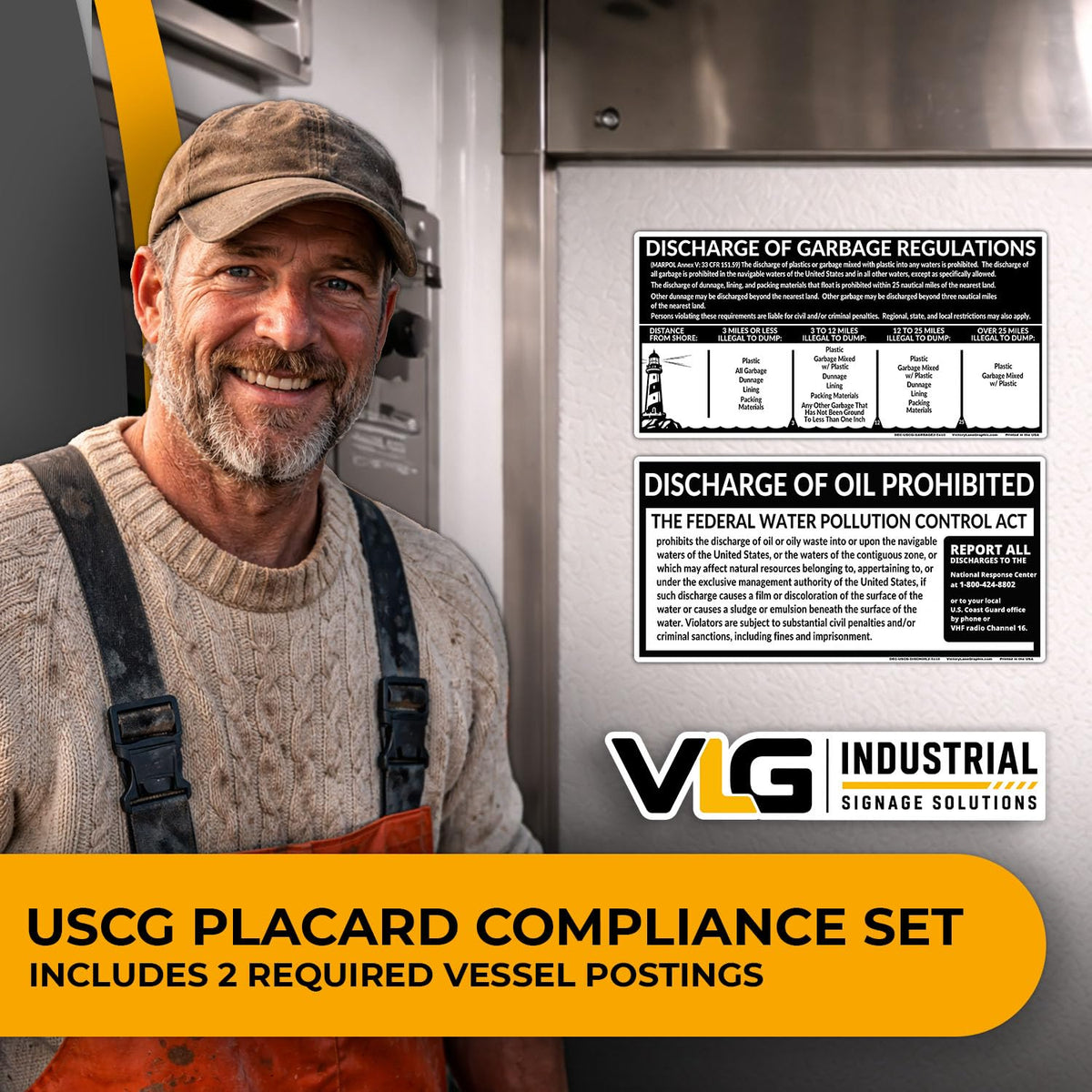 USCG Required Placards 2-Pack (5" x 10") – Garbage Discharge Notice & Oil Discharge Notice – Marine Compliance Labels – Waterproof Decals for Boats & Vessels - Black & White