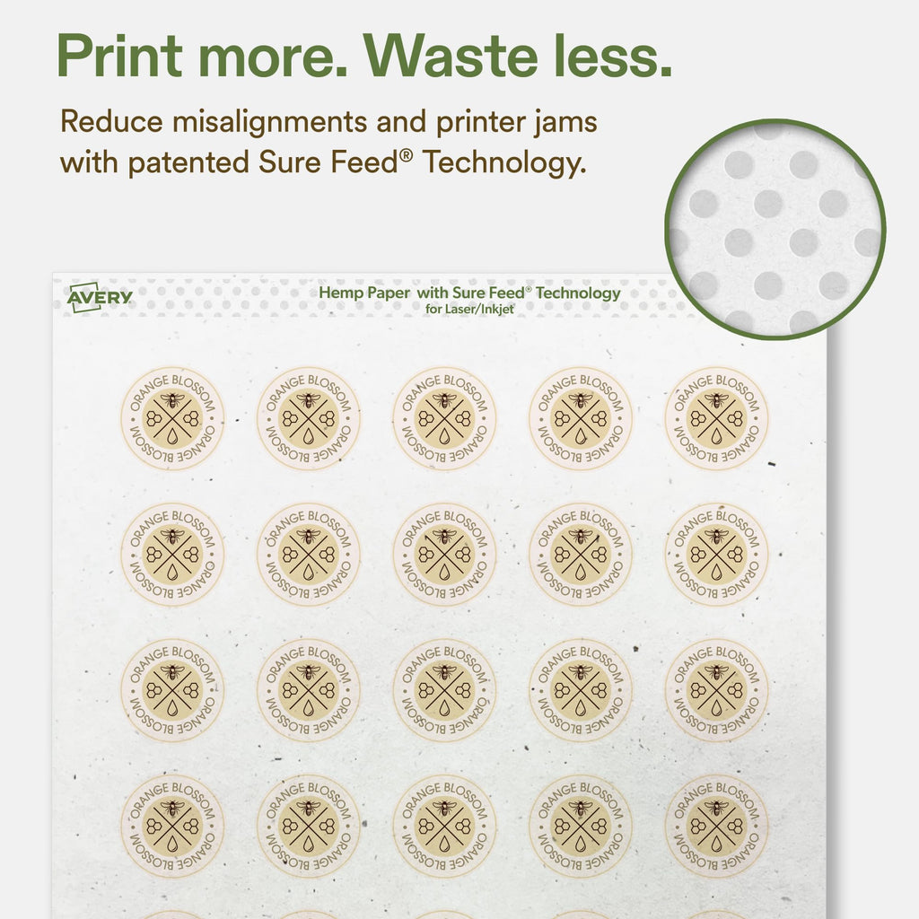 Avery Printable Round Hemp Labels with Sure Feed Technology, 1-1/4" Diameter, Off-White, Print-to-the-Edge, Laser & Inkjet Compatible, 1200 Total, Great for Product Branding, Packaging, and More 1,200 Labels
