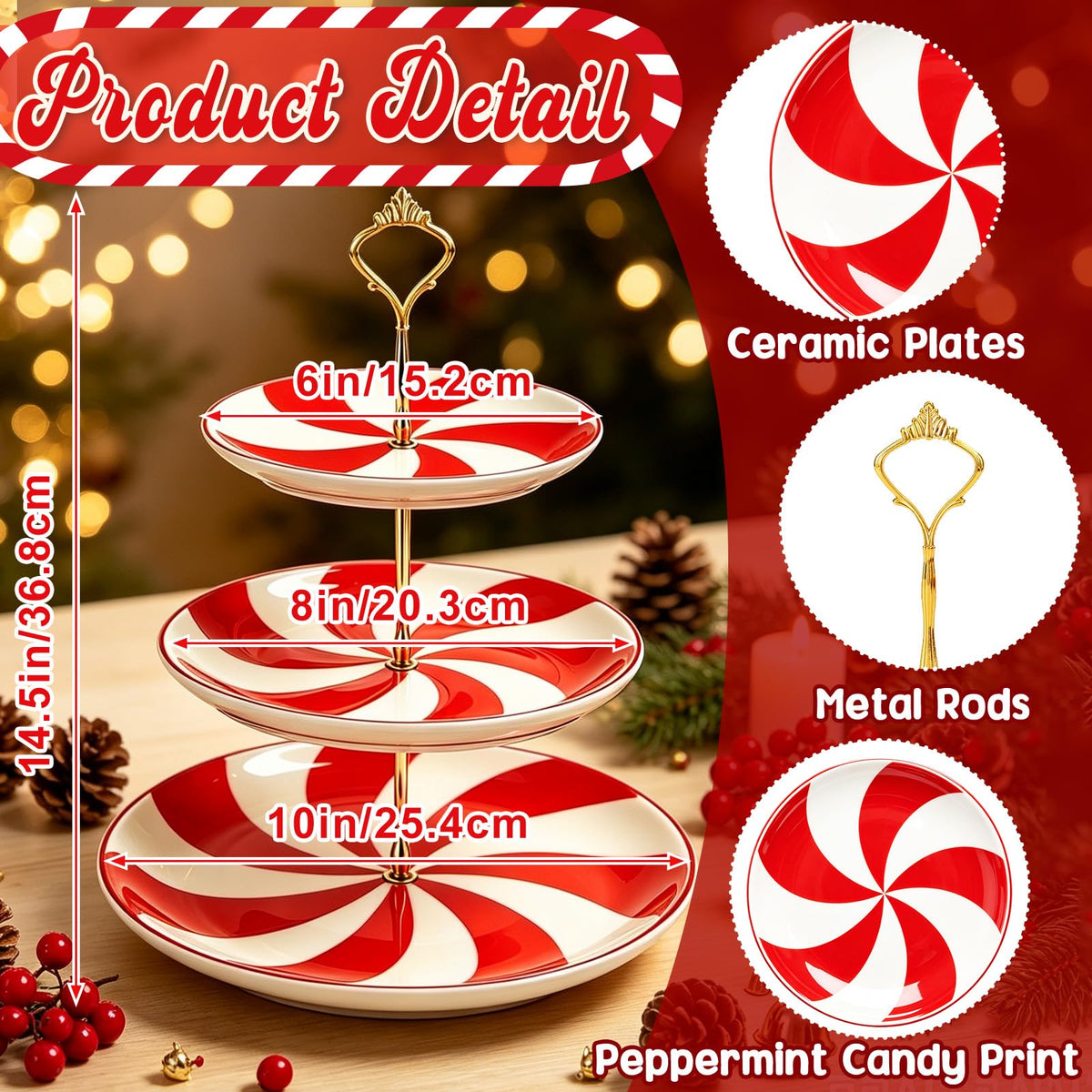 3 Tiers Christmas Peppermint Ceramic Cake Stand Dessert Tray