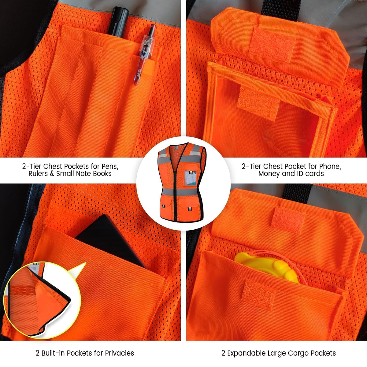 Reflective Vest for Women, Mesh Womens Safety Vest with 11 Pockets and Zipper, Hi Vis Neon Construction Work Vest for Lady Surveyors/Workers, Snugly-Fitted, ANSI Compliant (U-Orange, M) Medium Orange