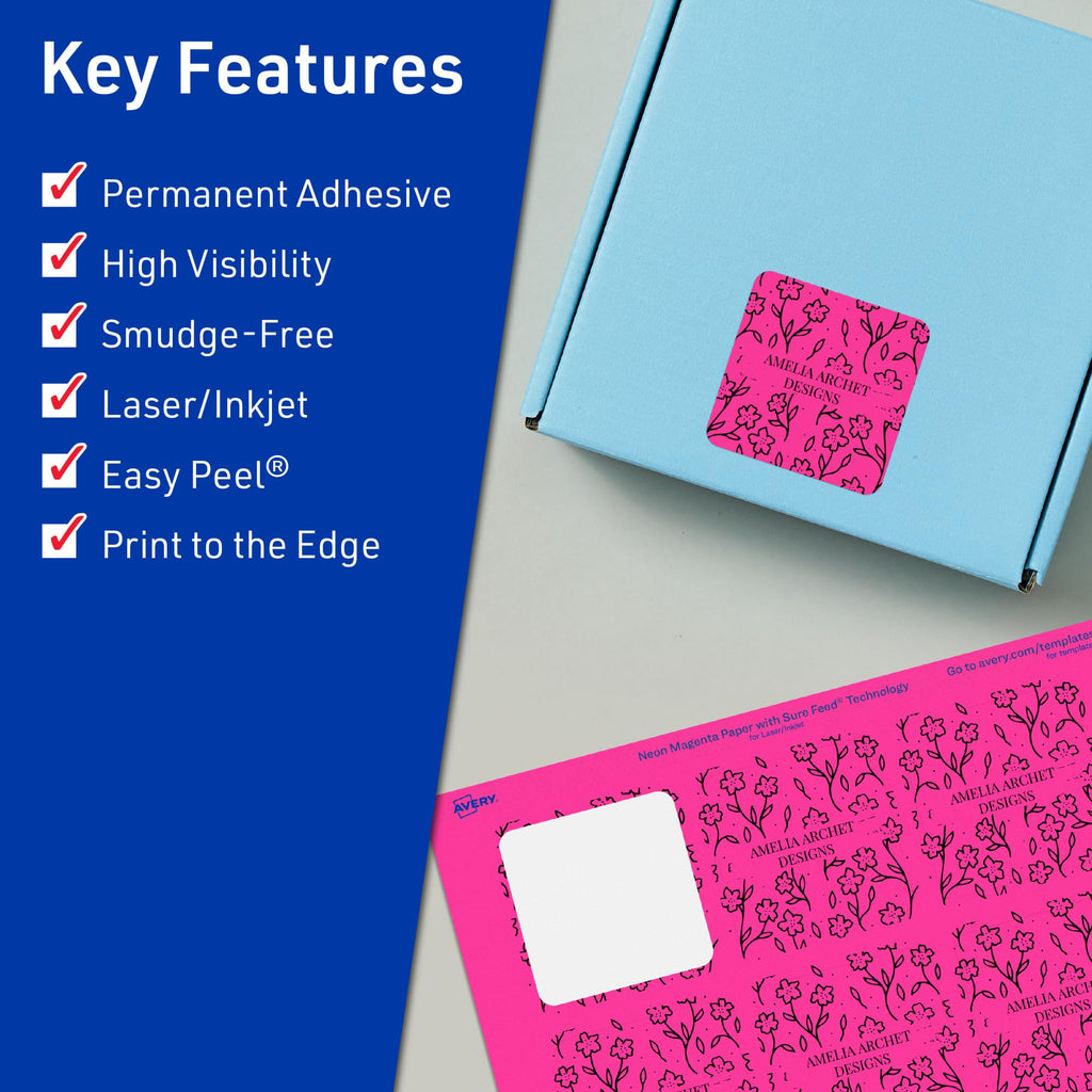 Avery Printable Square Labels, Sure Feed Technology, 2" x 2", Neon Magenta Labels, Print-to-The-Edge, Laser/Inkjet Printable, 240 Total, Great for Jars and Packaging 240 labels
