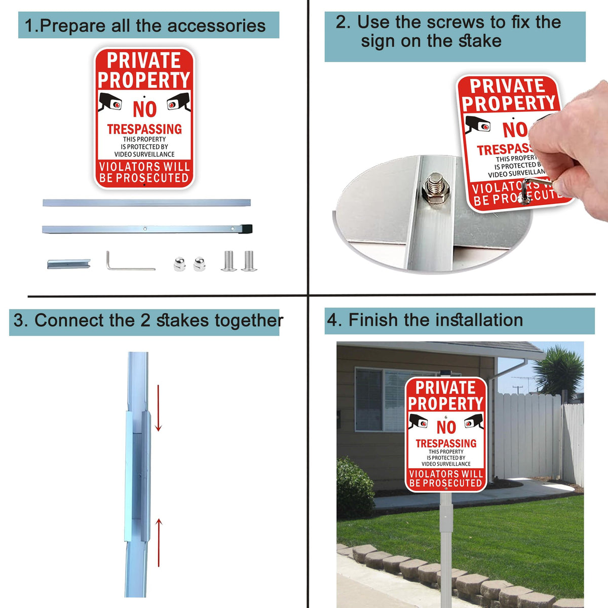 2Pack Private Property No Trespassing Signs with 36 inch Stakes, 14x10 Inches Video Surveillance Warning Sign for Home House Yard Security, Fade Resistant Aluminum 10X14" with stake